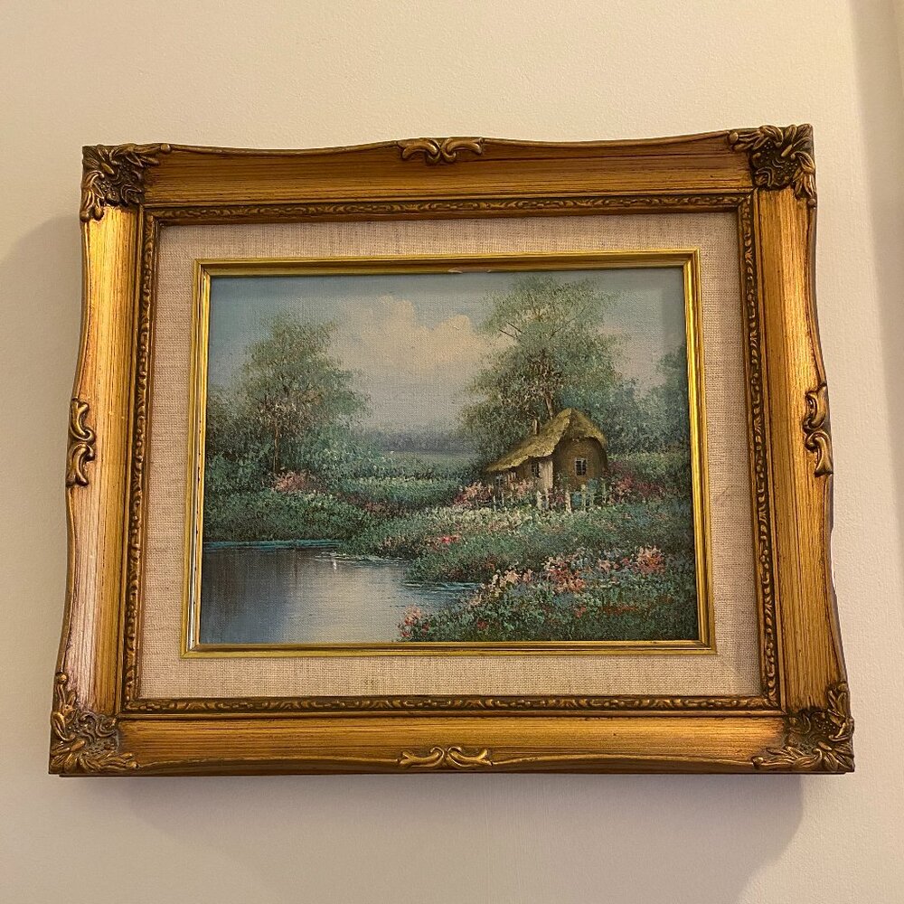 Vintage Oil Painting Cottage By A Pond